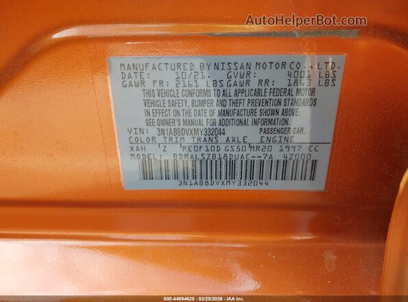3N1AB8DVXMY332044 2021 NISSAN SENTRA Orange Widok komory silnika