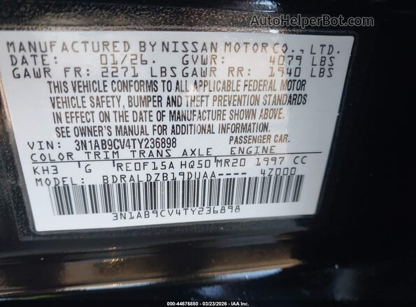 3N1AB9CV4TY236898 2026 NISSAN SENTRA Black 
