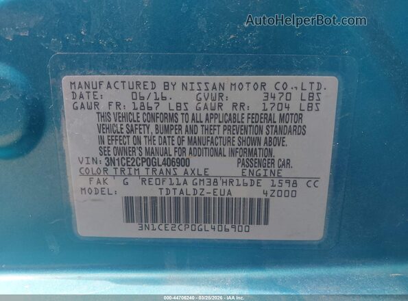 3N1CE2CP0GL406900 2016 NISSAN VERSA NOTE Blue Vista del compartimento del motor