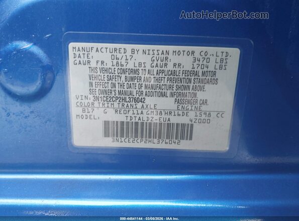3N1CE2CP2HL376042 2017 NISSAN VERSA NOTE Blue Vista del compartimento del motor