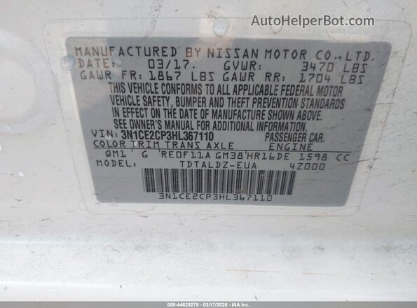 3N1CE2CP3HL367110 2017 NISSAN VERSA NOTE White Շարժիչի բաժամունքի տեսք