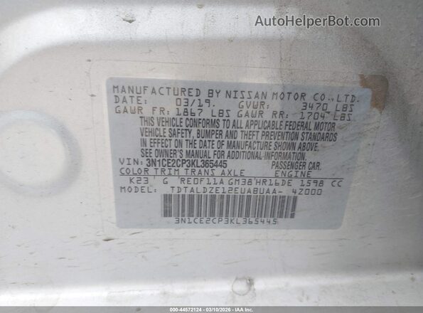 3N1CE2CP3KL365445 2019 NISSAN VERSA NOTE Silver 