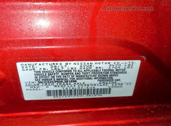 3N1CE2CP5HL381896 2017 NISSAN VERSA Maroon ძრავის განყოფილების ხედი