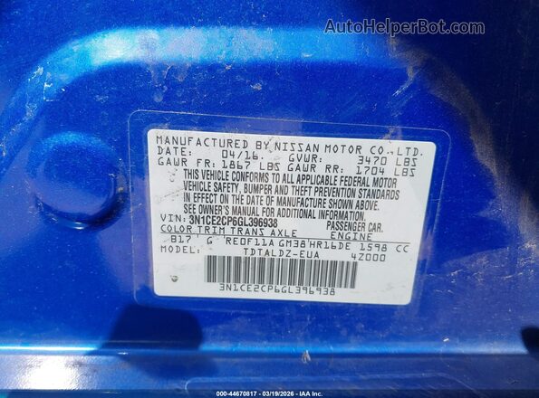 3N1CE2CP6GL396938 2016 NISSAN VERSA NOTE Blue ძრავის განყოფილების ხედი