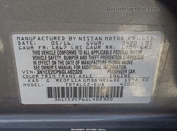 3N1CE2CP6GL402320 2016 NISSAN VERSA NOTE Gray Engine compartment view
