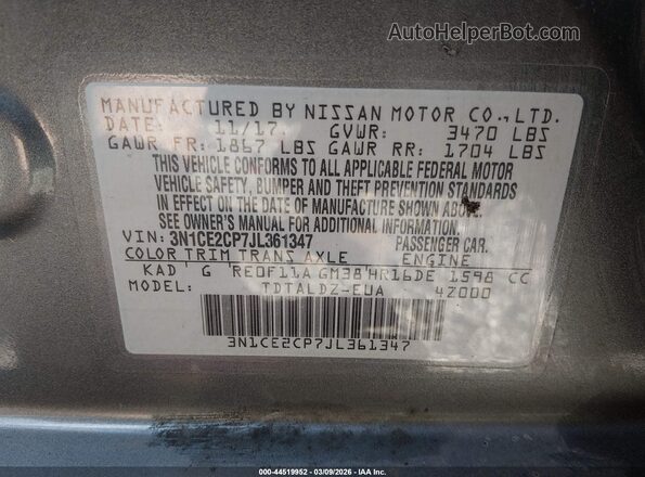 3N1CE2CP7JL361347 2018 NISSAN VERSA NOTE Gray Vista del compartimento del motor