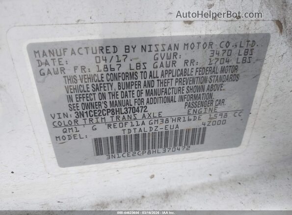 3N1CE2CP8HL370472 2017 NISSAN VERSA NOTE White Вид підкапотного простору