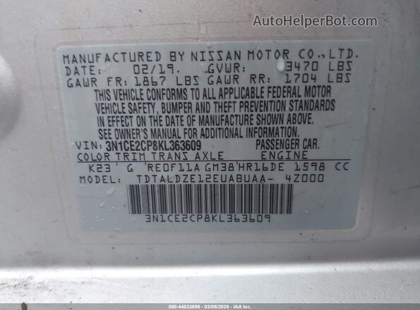 3N1CE2CP8KL363609 2019 NISSAN VERSA NOTE Silver Շարժիչի բաժամունքի տեսք