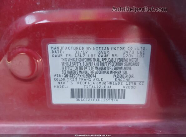 3N1CE2CPXHL359974 2017 NISSAN VERSA NOTE Красный Вид подкапотного пространства