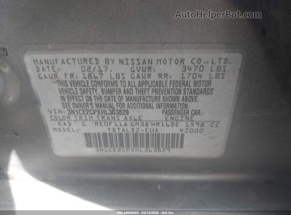 3N1CE2CPXHL363829 2017 NISSAN VERSA NOTE Gray ძრავის განყოფილების ხედი