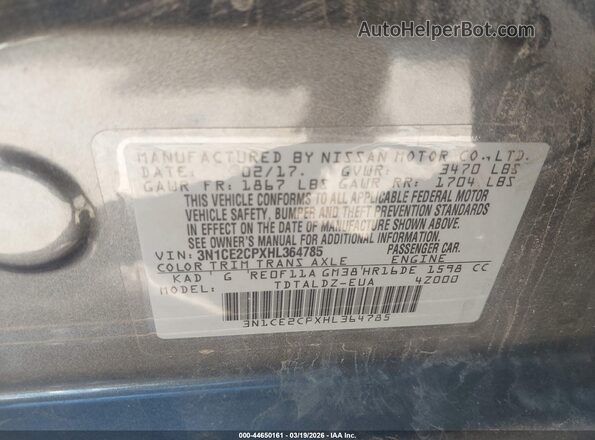 3N1CE2CPXHL364785 2017 NISSAN VERSA NOTE Gray Widok komory silnika