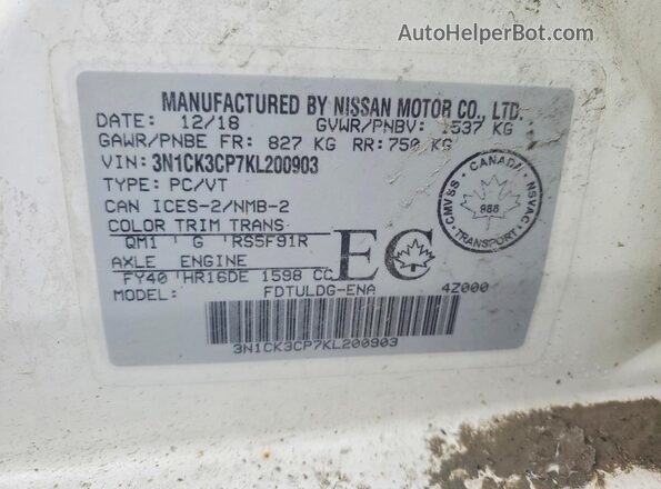 3N1CK3CP7KL200903 2019 NISSAN MICRA White Widok naklejki z numerem VIN