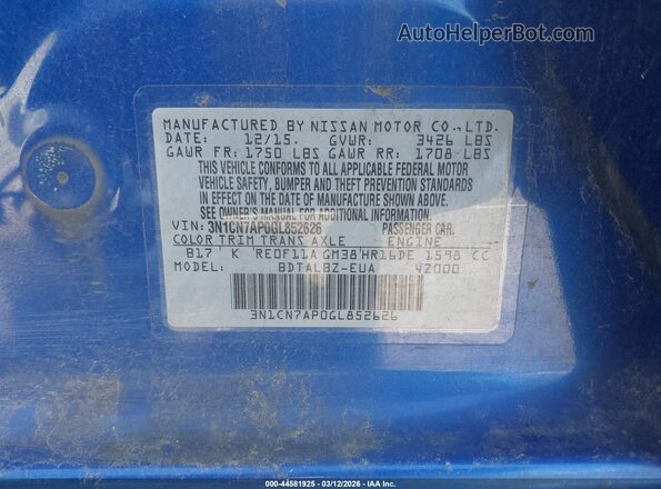 3N1CN7AP0GL852626 2016 NISSAN VERSA Blue Вид підкапотного простору