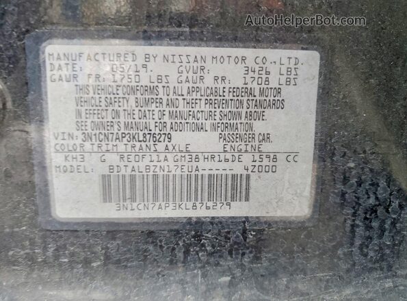 3N1CN7AP3KL876279 2019 NISSAN VERSA Black 