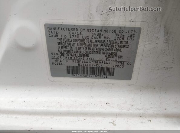3N1CN7AP4JL879965 2018 NISSAN VERSA White Engine compartment view