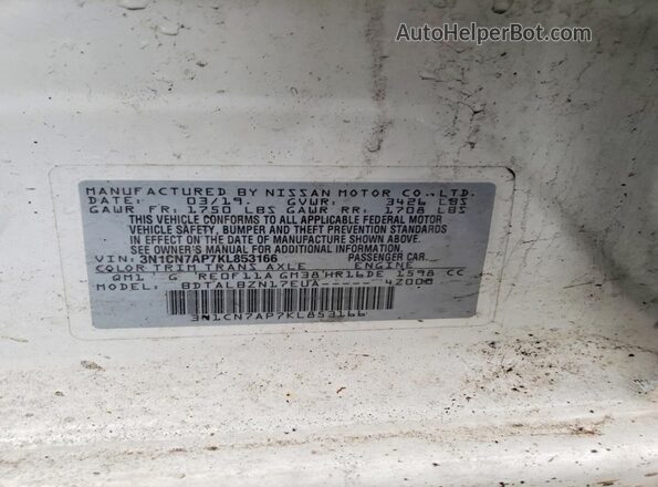 3N1CN7AP7KL853166 2019 NISSAN VERSA White 