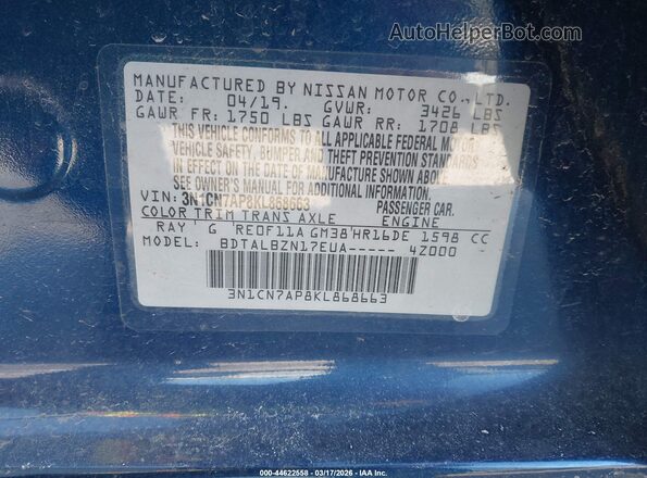 3N1CN7AP8KL868663 2019 NISSAN VERSA Blue 