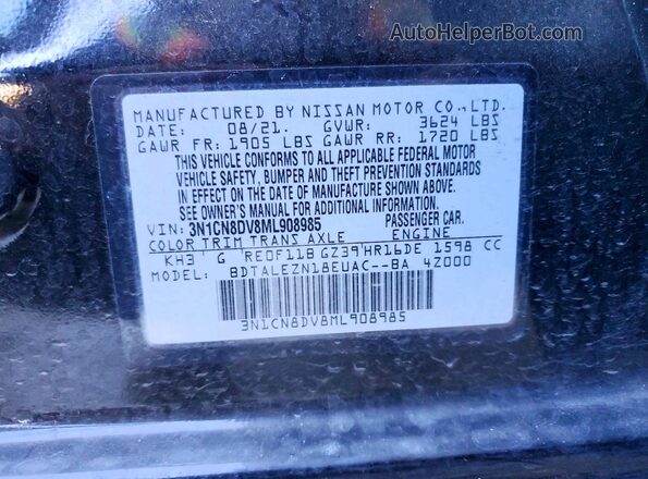3N1CN8DV8ML908985 2021 NISSAN VERSA Black Вид наклейки з VIN-кодом