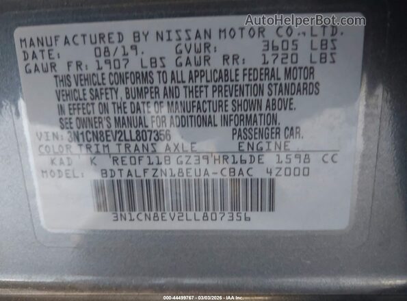 3N1CN8EV2LL807356 2020 NISSAN VERSA Gray ძრავის განყოფილების ხედი
