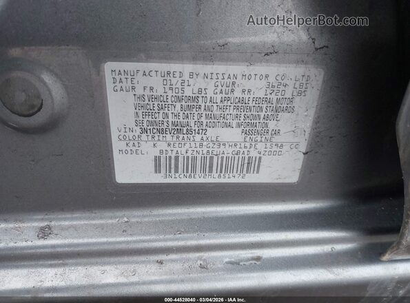 3N1CN8EV2ML851472 2021 NISSAN VERSA Gray Շարժիչի բաժամունքի տեսք