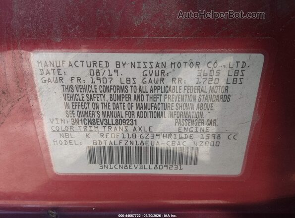 3N1CN8EV3LL809231 2020 NISSAN VERSA Red 