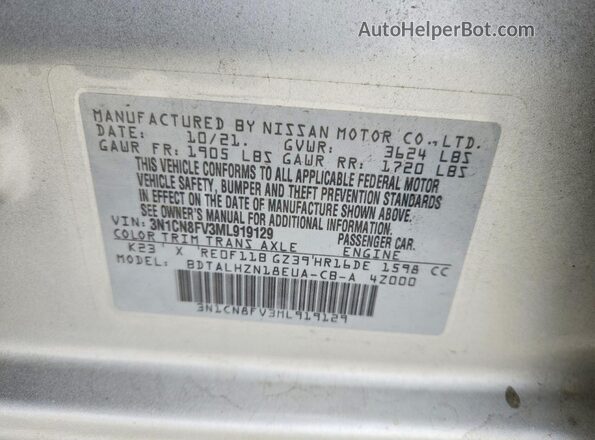 3N1CN8FV3ML919129 2021 NISSAN VERSA Silver Vista de la etiqueta del VIN