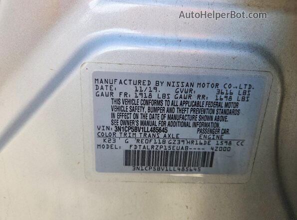 3N1CP5BV1LL485645 2020 NISSAN KICKS Silver Вид підкапотного простору