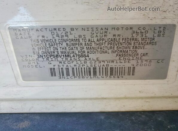 3N1CP5BV1ML475554 2021 NISSAN KICKS White Vista de la etiqueta del VIN