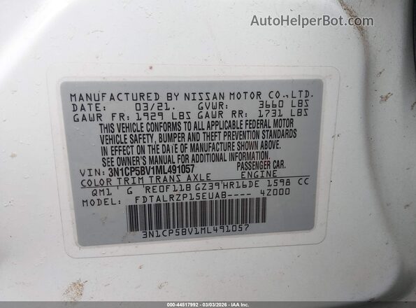 3N1CP5BV1ML491057 2021 NISSAN KICKS White Widok komory silnika
