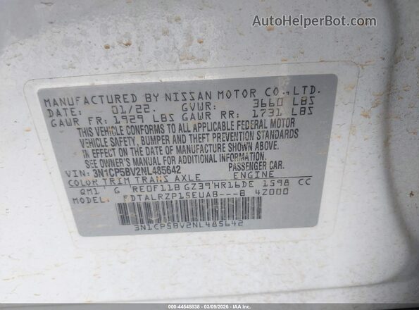 3N1CP5BV2NL485642 2022 NISSAN KICKS White ძრავის განყოფილების ხედი