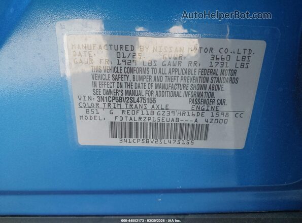 3N1CP5BV2SL475155 2025 NISSAN KICKS PLAY Blue Vista del compartimento del motor