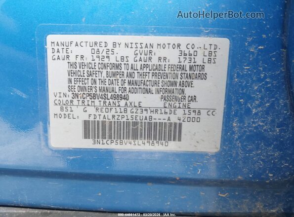 3N1CP5BV4SL498940 2025 NISSAN KICKS PLAY Blue ძრავის განყოფილების ხედი