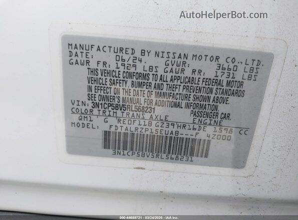 3N1CP5BV5RL568231 2024 NISSAN KICKS White Vista del compartimento del motor