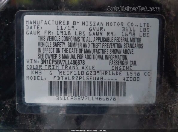 3N1CP5BV7LL486878 2020 NISSAN KICKS Black Vista del compartimento del motor