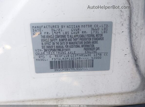 3N1CP5BV7ML511411 2021 NISSAN KICKS White Շարժիչի բաժամունքի տեսք