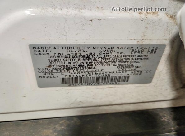 3N1CP5BV7ML518634 2021 NISSAN KICKS White Widok naklejki z numerem VIN