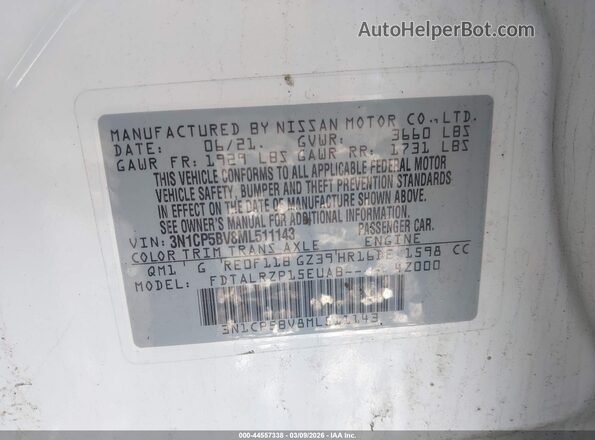 3N1CP5BV8ML511143 2021 NISSAN KICKS White Engine compartment view