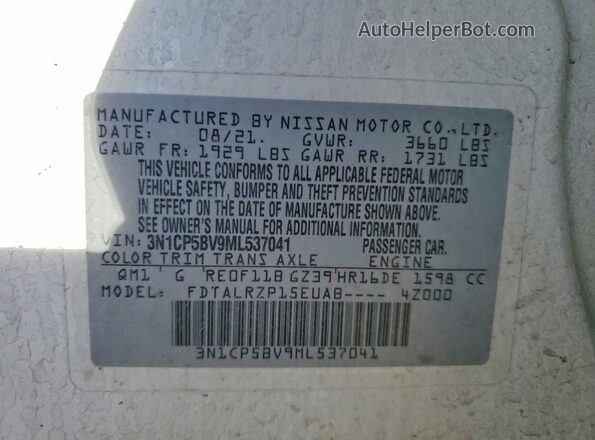 3N1CP5BV9ML537041 2021 NISSAN KICKS White VIN კოდის სტიკერის ხედი