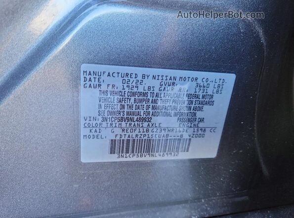 3N1CP5BV9NL489932 2022 NISSAN KICKS Gray Widok naklejki z numerem VIN