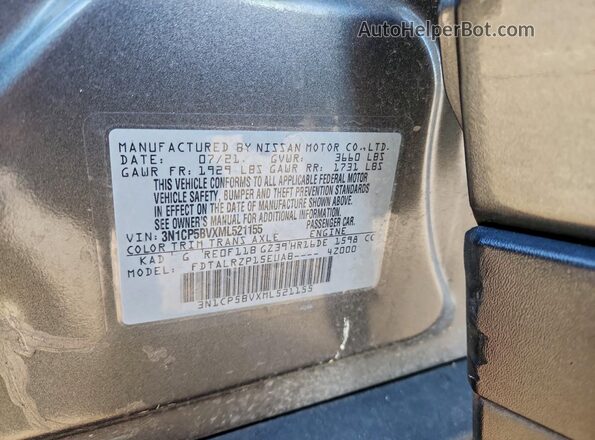 3N1CP5BVXML521155 2021 NISSAN KICKS Gray Вид наклейки з VIN-кодом