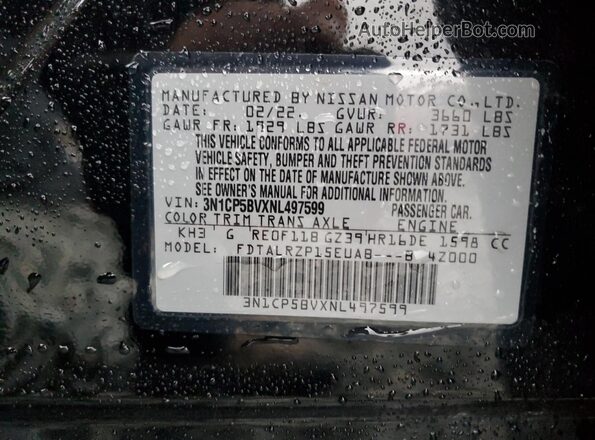3N1CP5BVXNL497599 2022 NISSAN KICKS Black Widok naklejki z numerem VIN
