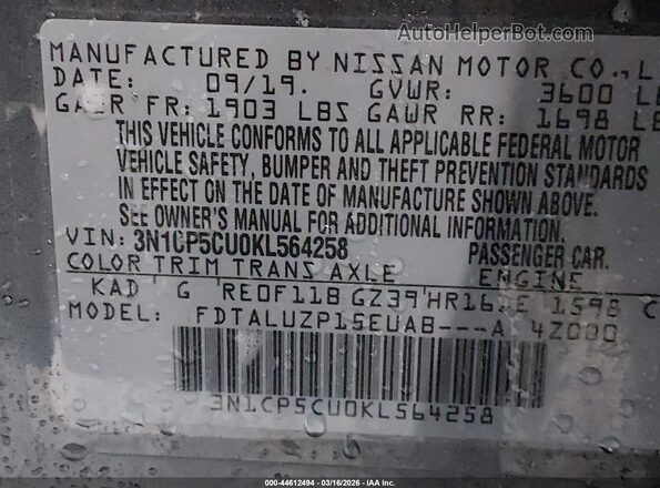 3N1CP5CU0KL564258 2019 NISSAN KICKS Серый 