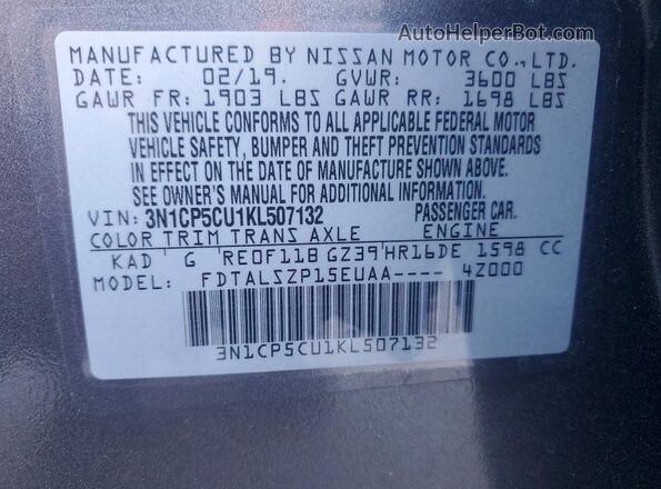 3N1CP5CU1KL507132 2019 NISSAN KICKS Silver 
