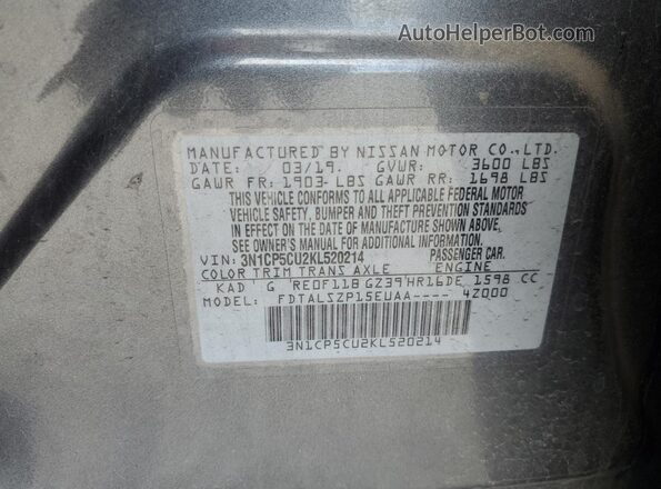 3N1CP5CU2KL520214 2019 NISSAN KICKS Gray 