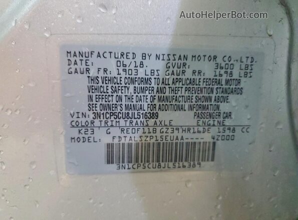 3N1CP5CU8JL516389 2018 NISSAN KICKS Silver Widok naklejki z numerem VIN