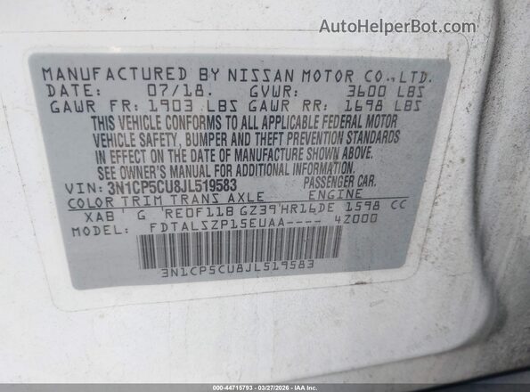 3N1CP5CU8JL519583 2018 NISSAN KICKS White 