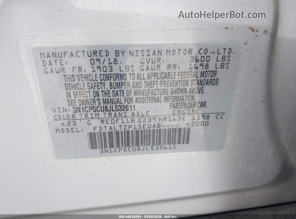 3N1CP5CU8JL532611 2018 NISSAN KICKS Silver Widok komory silnika