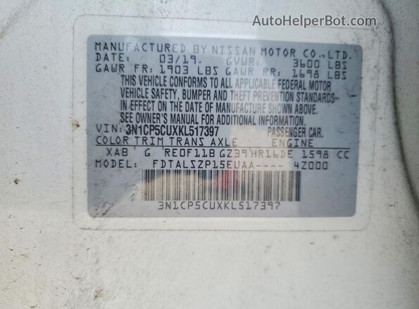 3N1CP5CUXKL517397 2019 NISSAN KICKS White 