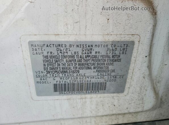 3N1CP5CV0ML518229 2021 NISSAN KICKS White VIN კოდის სტიკერის ხედი