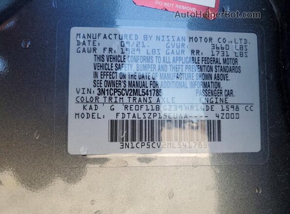 3N1CP5CV2ML541785 2021 NISSAN KICKS Gray Вид наклейки з VIN-кодом
